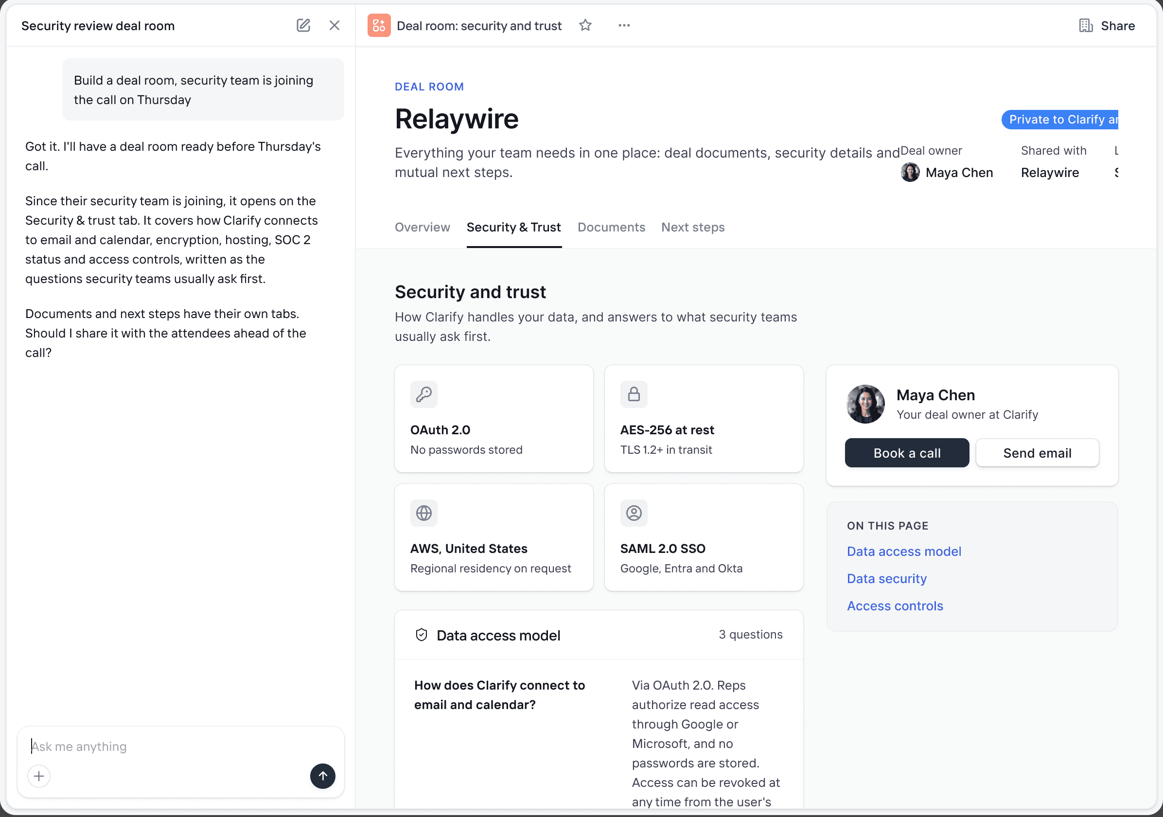 A shared deal room with security answers, documents and next steps
