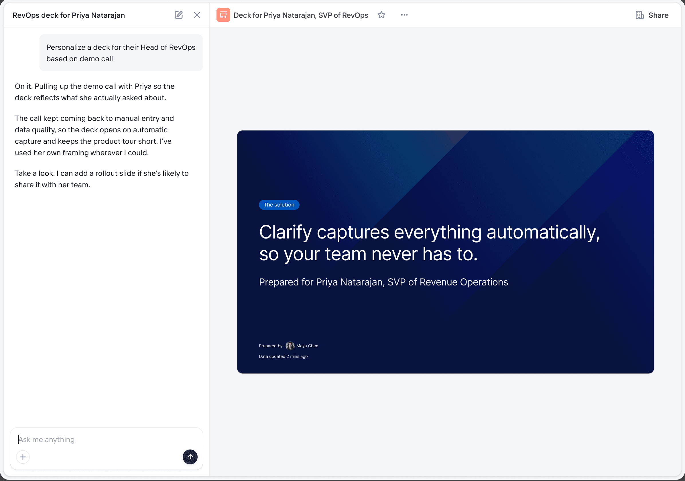 A personalized sales deck built by Rep from a demo call