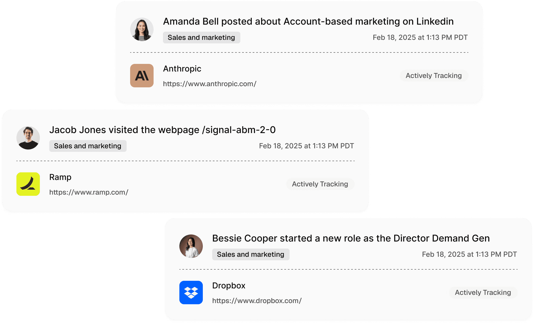 A feed of live signals — a LinkedIn post about account-based marketing, a webpage visit, and a new-role change — each paired with a company being actively tracked.