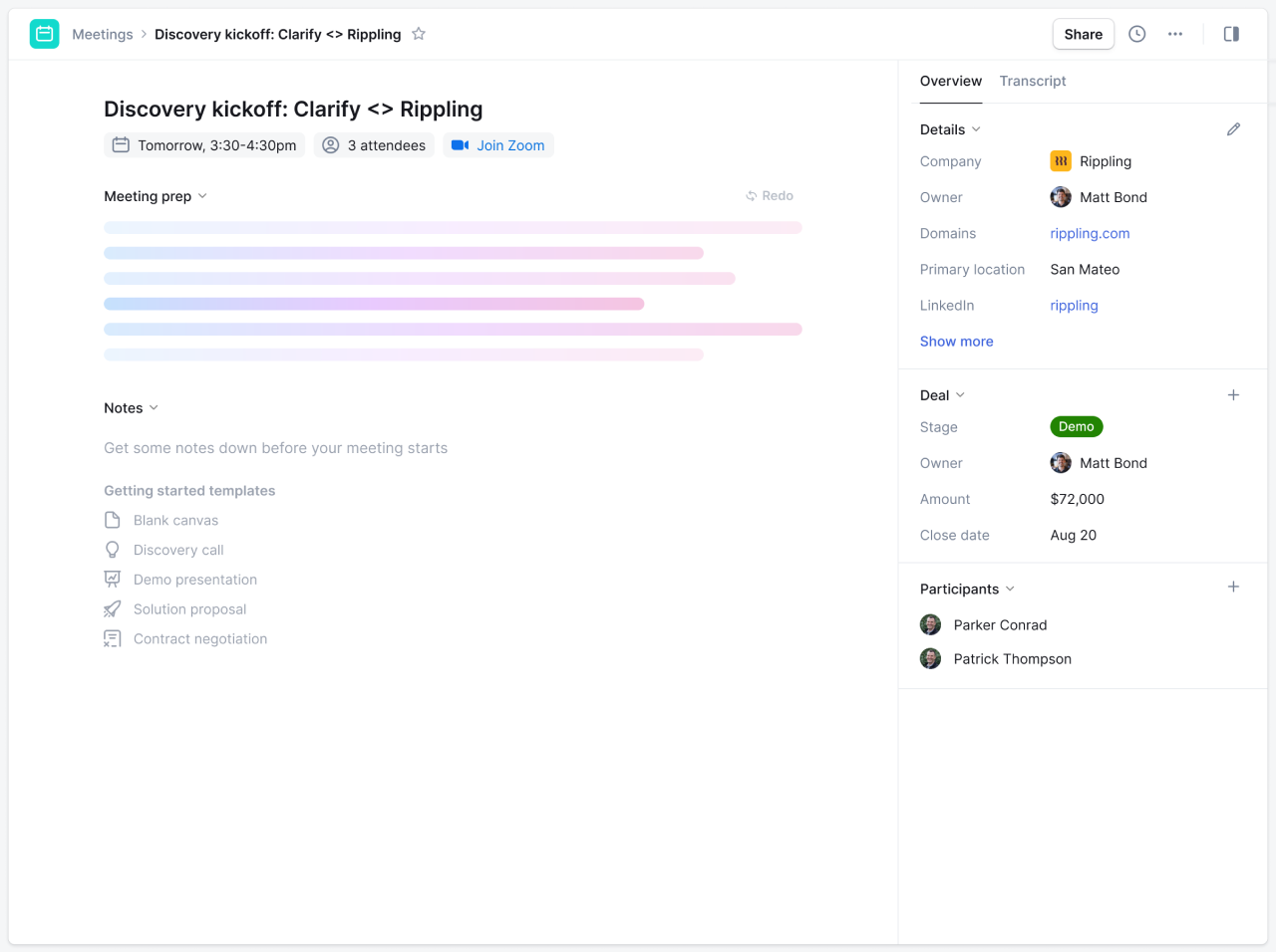 Meeting recording interface showing transcript and key moments
